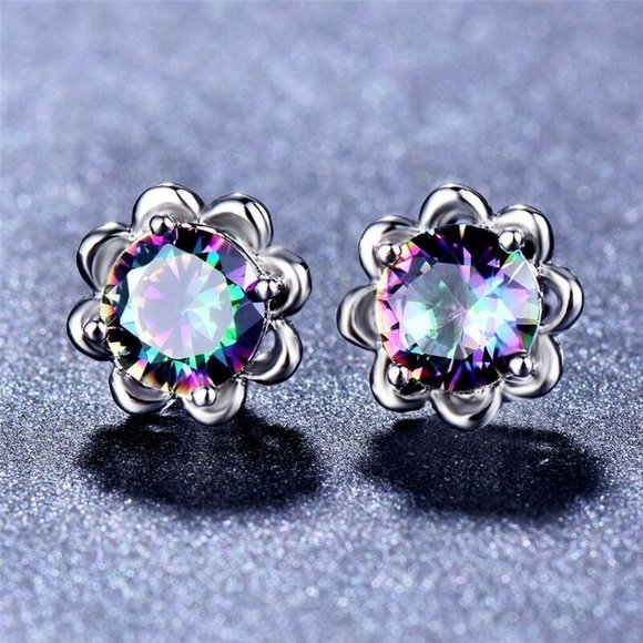 Round Colorful Micro Pave Zircon Stud Earrings for Women, EVGG1034 - Picture 1 of 5